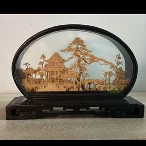 Large Oval Vintage Chinese Cork Carving Encased in intricate Lacquered Rosewood